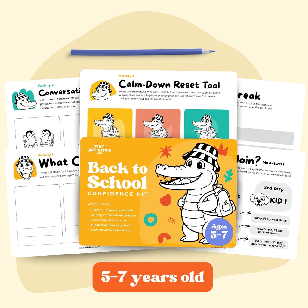 Back-to-School Confidence Kit for kids, a digital product in A4 and US Letter. Includes calming activities, starter conversation cards, and tools to explore feelings. Instant download to help children build confidence, develop soft skills, manage emotions, and feel supported during school transitions, making mornings calmer and school days easier.