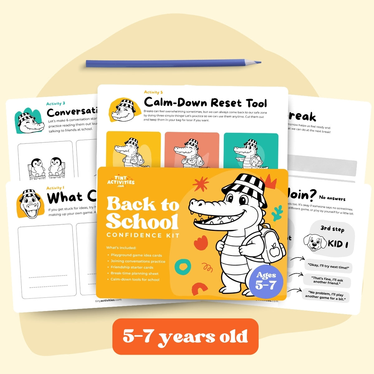Back-to-School Confidence Kit for kids, a digital product in A4 and US Letter. Includes calming activities, starter conversation cards, and tools to explore feelings. Instant download to help children build confidence, develop soft skills, manage emotions, and feel supported during school transitions, making mornings calmer and school days easier.