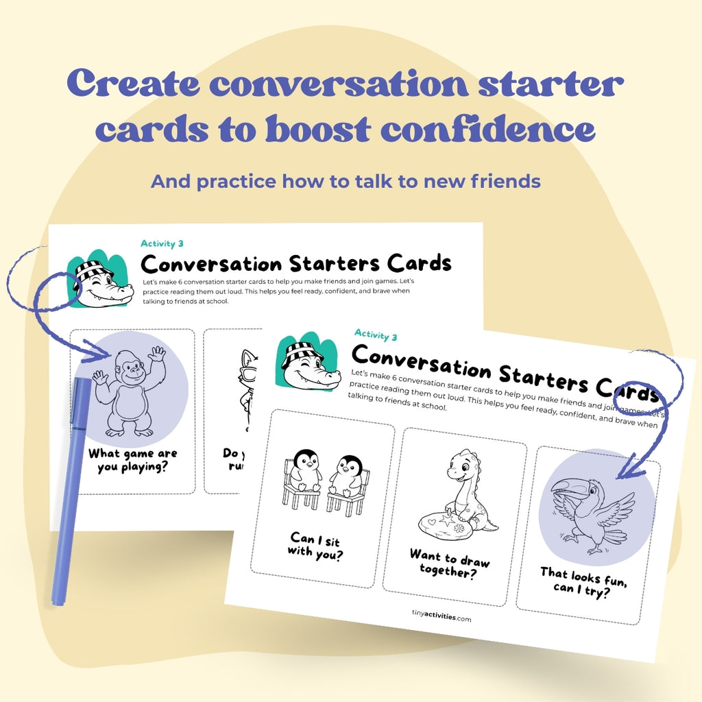 Back-to-School Confidence Kit for kids, a digital product in A4 and US Letter. Includes calming activities, starter conversation cards, and tools to explore feelings. Instant download to help children build confidence, develop soft skills, manage emotions, and feel supported during school transitions, making mornings calmer and school days easier.