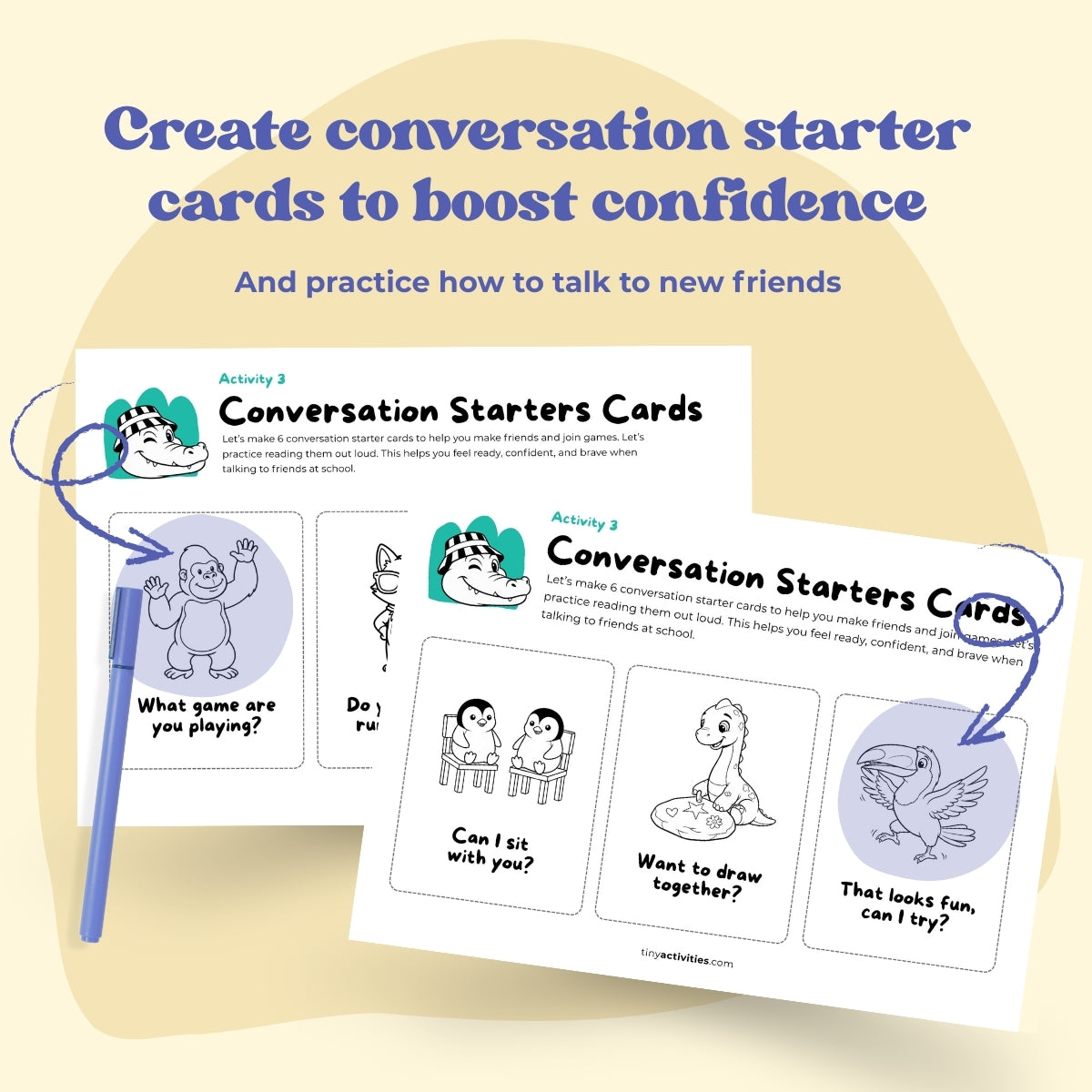Back-to-School Confidence Kit for kids, a digital product in A4 and US Letter. Includes calming activities, starter conversation cards, and tools to explore feelings. Instant download to help children build confidence, develop soft skills, manage emotions, and feel supported during school transitions, making mornings calmer and school days easier.