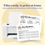 Back-to-School Confidence Kit for kids, a digital product in A4 and US Letter. Includes calming activities, starter conversation cards, and tools to explore feelings. Instant download to help children build confidence, develop soft skills, manage emotions, and feel supported during school transitions, making mornings calmer and school days easier.