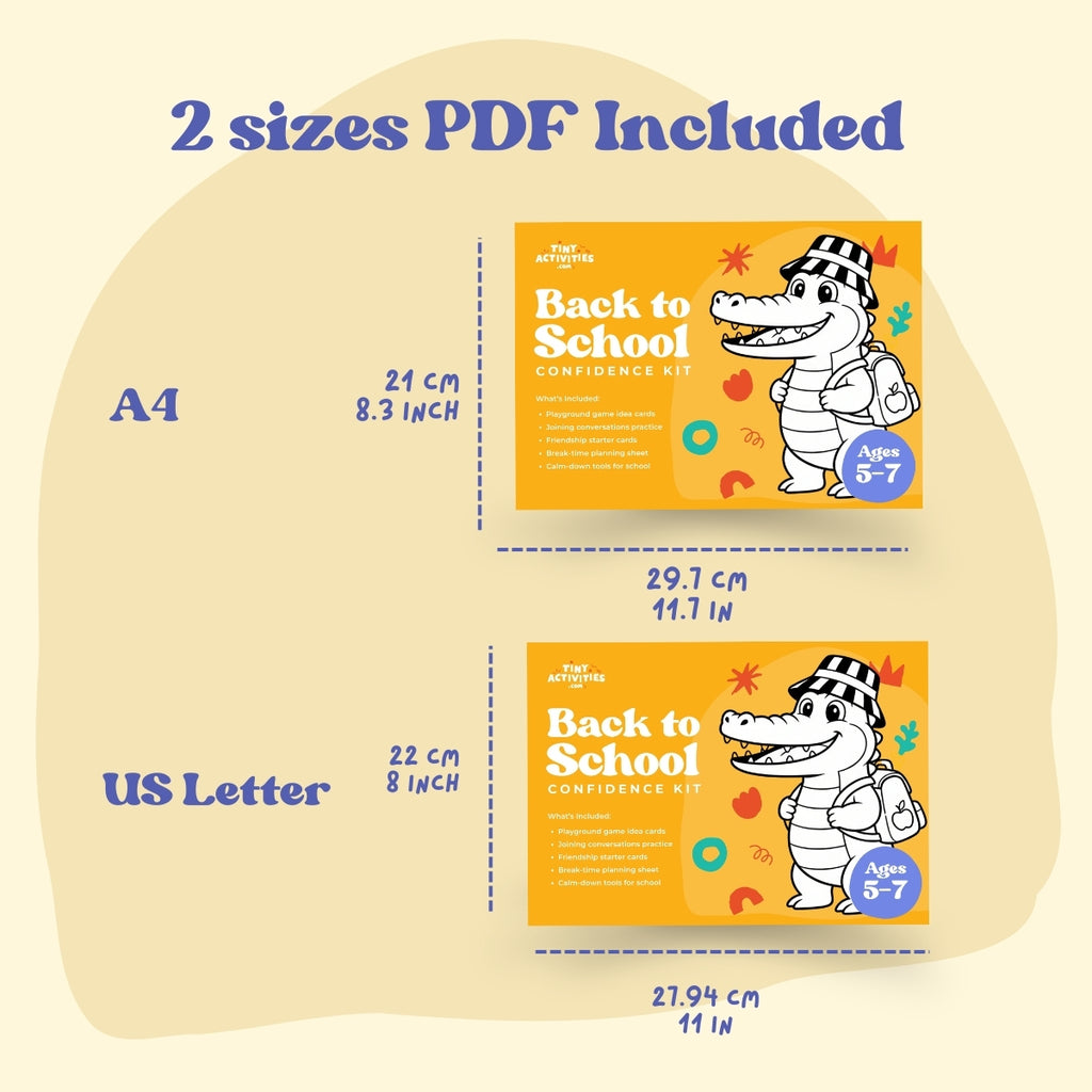 Back-to-School Confidence Kit for kids, a digital product in A4 and US Letter. Includes calming activities, starter conversation cards, and tools to explore feelings. Instant download to help children build confidence, develop soft skills, manage emotions, and feel supported during school transitions, making mornings calmer and school days easier.