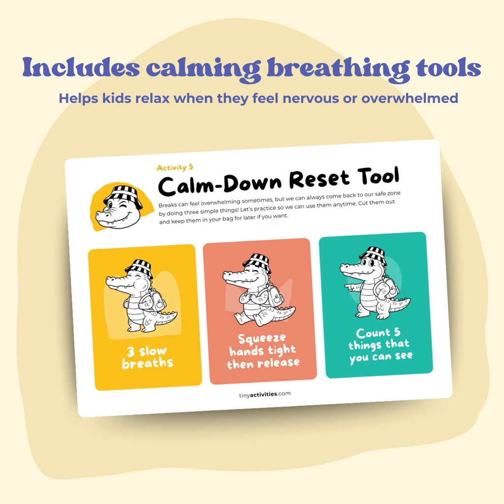 Back-to-School Confidence Kit for kids, a digital product in A4 and US Letter. Includes calming activities, starter conversation cards, and tools to explore feelings. Instant download to help children build confidence, develop soft skills, manage emotions, and feel supported during school transitions, making mornings calmer and school days easier.