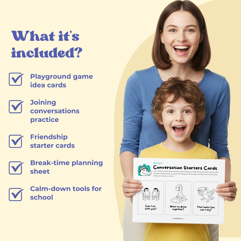 Back-to-School Confidence Kit for kids, a digital product in A4 and US Letter. Includes calming activities, starter conversation cards, and tools to explore feelings. Instant download to help children build confidence, develop soft skills, manage emotions, and feel supported during school transitions, making mornings calmer and school days easier.