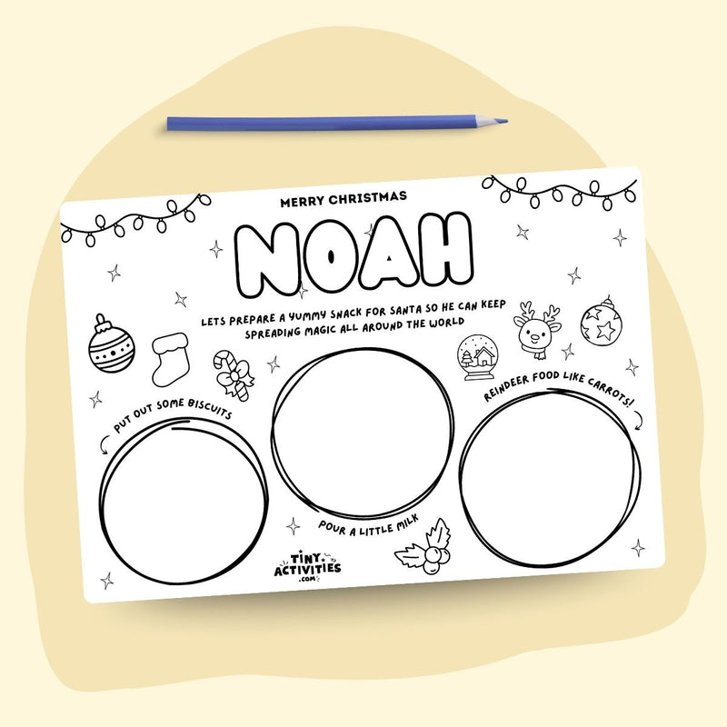 Black and white Christmas activity mockup for kids, printable at home on A4 and US Letter. A fun Santa thank you sheet where children leave cookies and treats for Santa, encouraging creativity, gratitude, and a magical holiday tradition.