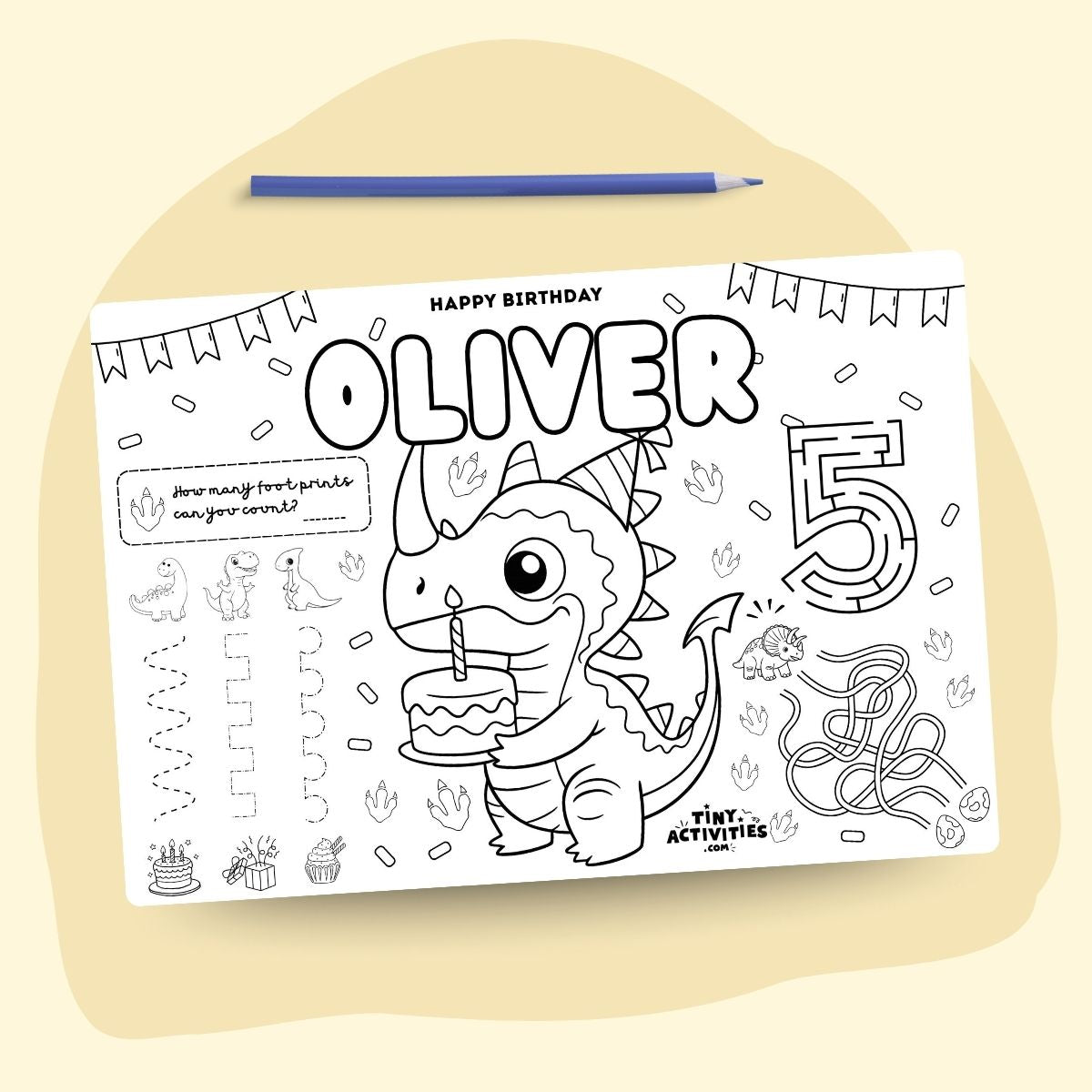 Printable dinosaur activity placemat for boys, dino-themed and black and white, ready to print in A4 and US Letter. Fun kids placemat with colouring, games, mazes, and learning activities. Perfect for dinosaur birthday parties, meals, travel, quiet time, and instant download.
