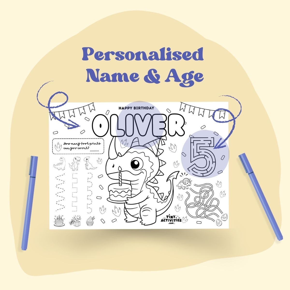 Printable dinosaur activity placemat for boys, dino-themed and black and white, ready to print in A4 and US Letter. Fun kids placemat with colouring, games, mazes, and learning activities. Perfect for dinosaur birthday parties, meals, travel, quiet time, and instant download.