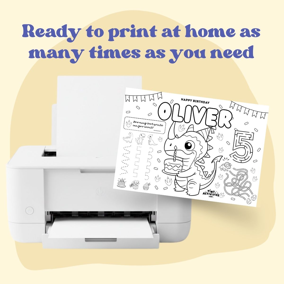 Printable dinosaur activity placemat for boys, dino-themed and black and white, ready to print in A4 and US Letter. Fun kids placemat with colouring, games, mazes, and learning activities. Perfect for dinosaur birthday parties, meals, travel, quiet time, and instant download.