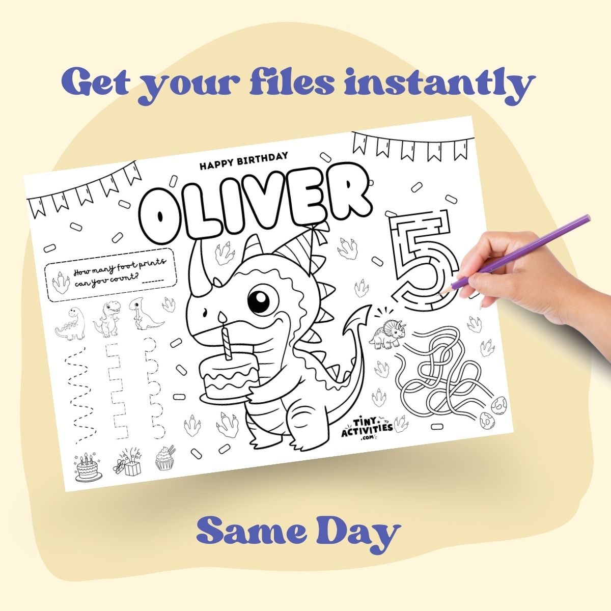 Printable dinosaur activity placemat for boys, dino-themed and black and white, ready to print in A4 and US Letter. Fun kids placemat with colouring, games, mazes, and learning activities. Perfect for dinosaur birthday parties, meals, travel, quiet time, and instant download.