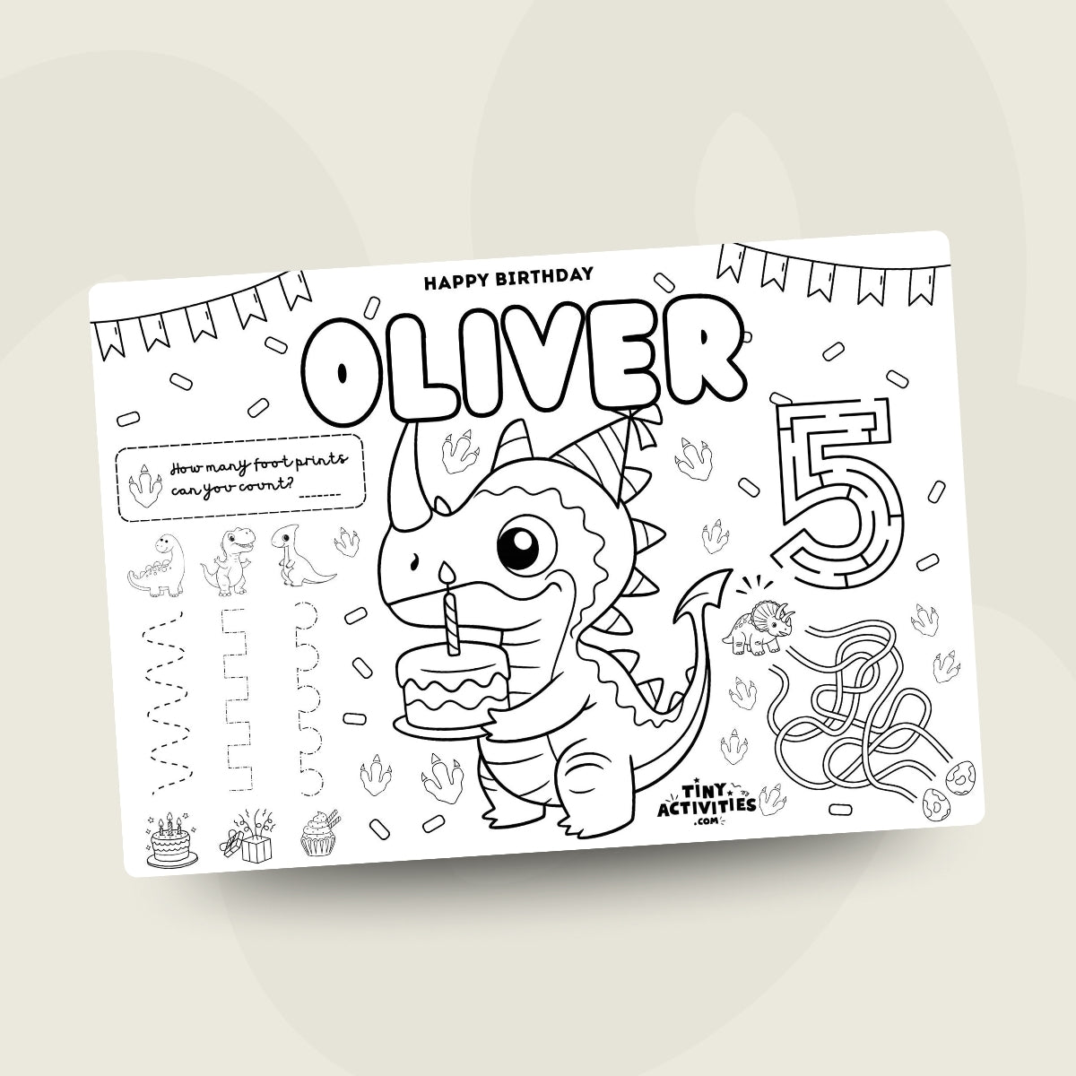 A fun dinosaur coloring placemat for kids with cute dinos, volcanoes, trees and simple shapes to colour in. Designed for easy printing at home, perfect for keeping little ones busy during meals or playtime.