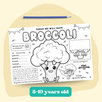 This black and white placemat mockup is designed for kids aged 5 to 7 to enjoy during mealtime while learning about broccoli. I created it in a fun coloring style, so kids can color, play, and stay entertained while they eat. It includes simple games, drawing activities, and easy tips about broccoli, like why it is good for your body and how it helps you grow strong. It also includes 3 free coloring pages. Perfect for turning meals into a calm, playful, and educational moment.