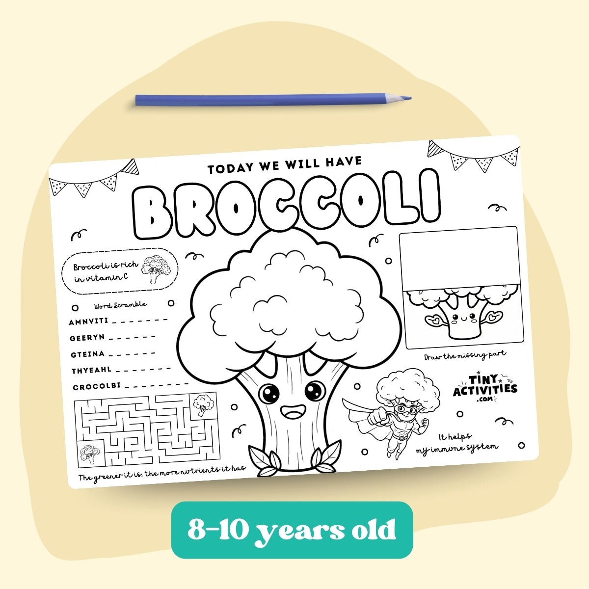 This black and white placemat mockup is designed for kids aged 5 to 7 to enjoy during mealtime while learning about broccoli. I created it in a fun coloring style, so kids can color, play, and stay entertained while they eat. It includes simple games, drawing activities, and easy tips about broccoli, like why it is good for your body and how it helps you grow strong. It also includes 3 free coloring pages. Perfect for turning meals into a calm, playful, and educational moment.