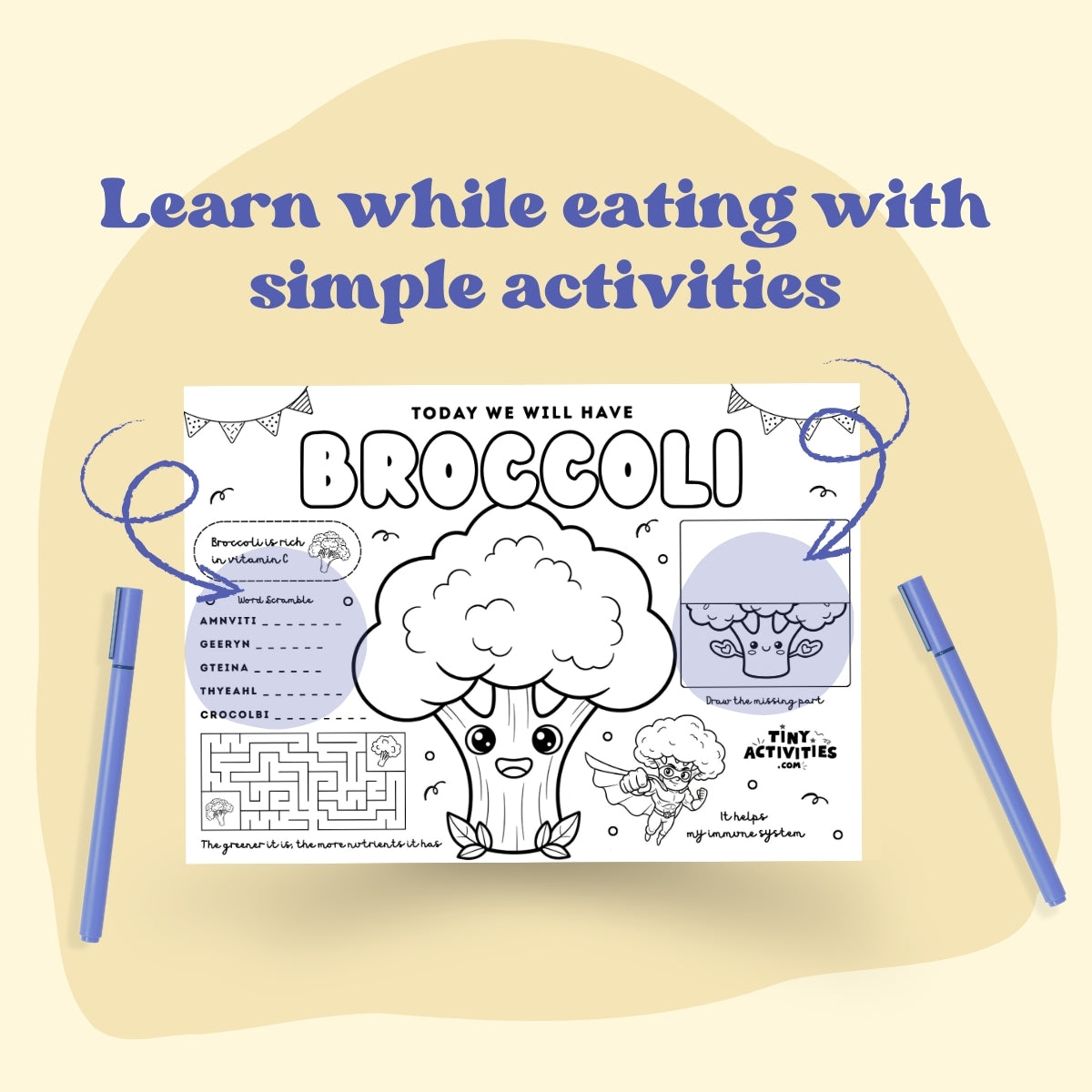 This black and white placemat mockup is designed for kids aged 5 to 7 to enjoy during mealtime while learning about broccoli. I created it in a fun coloring style, so kids can color, play, and stay entertained while they eat. It includes simple games, drawing activities, and easy tips about broccoli, like why it is good for your body and how it helps you grow strong. It also includes 3 free coloring pages. Perfect for turning meals into a calm, playful, and educational moment.