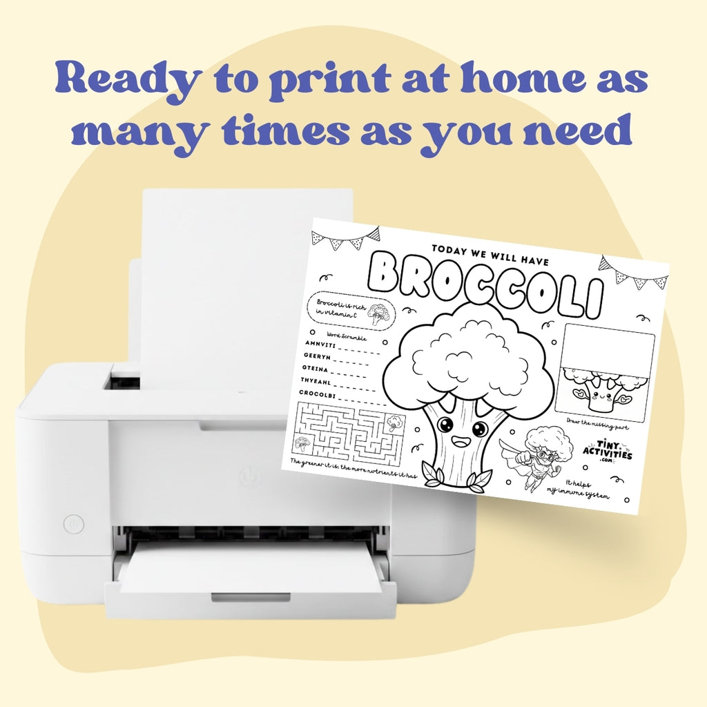 This black and white placemat mockup is designed for kids aged 5 to 7 to enjoy during mealtime while learning about broccoli. I created it in a fun coloring style, so kids can color, play, and stay entertained while they eat. It includes simple games, drawing activities, and easy tips about broccoli, like why it is good for your body and how it helps you grow strong. It also includes 3 free coloring pages. Perfect for turning meals into a calm, playful, and educational moment.