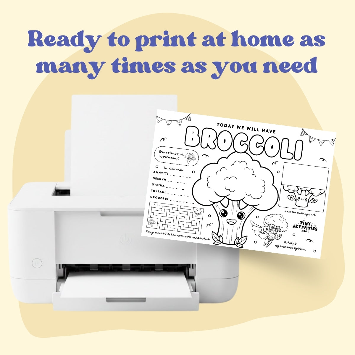 This black and white placemat mockup is designed for kids aged 5 to 7 to enjoy during mealtime while learning about broccoli. I created it in a fun coloring style, so kids can color, play, and stay entertained while they eat. It includes simple games, drawing activities, and easy tips about broccoli, like why it is good for your body and how it helps you grow strong. It also includes 3 free coloring pages. Perfect for turning meals into a calm, playful, and educational moment.