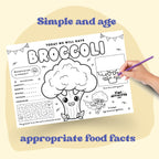 This black and white placemat mockup is designed for kids aged 5 to 7 to enjoy during mealtime while learning about broccoli. I created it in a fun coloring style, so kids can color, play, and stay entertained while they eat. It includes simple games, drawing activities, and easy tips about broccoli, like why it is good for your body and how it helps you grow strong. It also includes 3 free coloring pages. Perfect for turning meals into a calm, playful, and educational moment.
