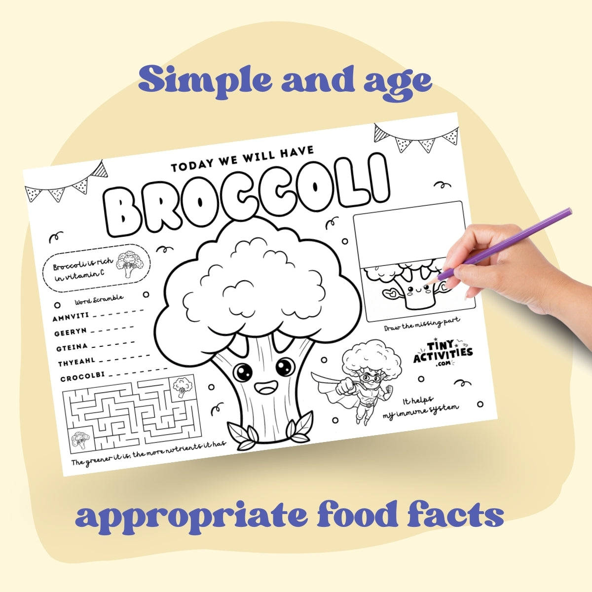 This black and white placemat mockup is designed for kids aged 5 to 7 to enjoy during mealtime while learning about broccoli. I created it in a fun coloring style, so kids can color, play, and stay entertained while they eat. It includes simple games, drawing activities, and easy tips about broccoli, like why it is good for your body and how it helps you grow strong. It also includes 3 free coloring pages. Perfect for turning meals into a calm, playful, and educational moment.