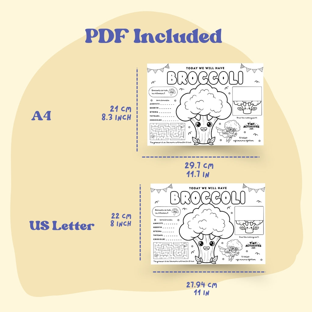 This black and white placemat mockup is designed for kids aged 5 to 7 to enjoy during mealtime while learning about broccoli. I created it in a fun coloring style, so kids can color, play, and stay entertained while they eat. It includes simple games, drawing activities, and easy tips about broccoli, like why it is good for your body and how it helps you grow strong. It also includes 3 free coloring pages. Perfect for turning meals into a calm, playful, and educational moment.