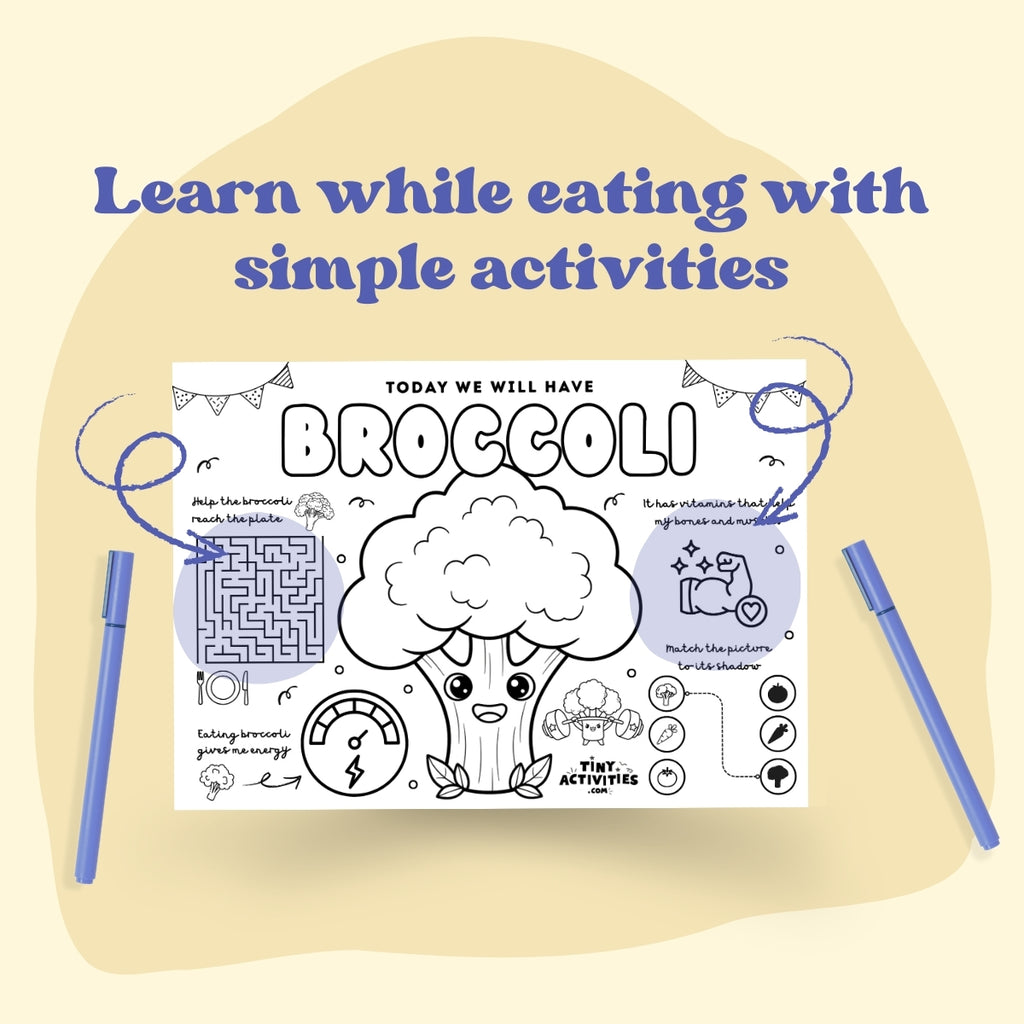 This black and white placemat mockup is designed for kids aged 5 to 7 to enjoy during mealtime while learning about broccoli I created it in a fun coloring style, so kids can color, play, and stay entertained while they eat. It includes simple games, drawing activities, and easy tips about broccoli, like why it is good for your body and how it helps you grow strong. Perfect for turning meals into a calm, playful, and educational moment.