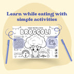 This black and white placemat mockup is designed for kids aged 5 to 7 to enjoy during mealtime while learning about broccoli I created it in a fun coloring style, so kids can color, play, and stay entertained while they eat. It includes simple games, drawing activities, and easy tips about broccoli, like why it is good for your body and how it helps you grow strong. Perfect for turning meals into a calm, playful, and educational moment.