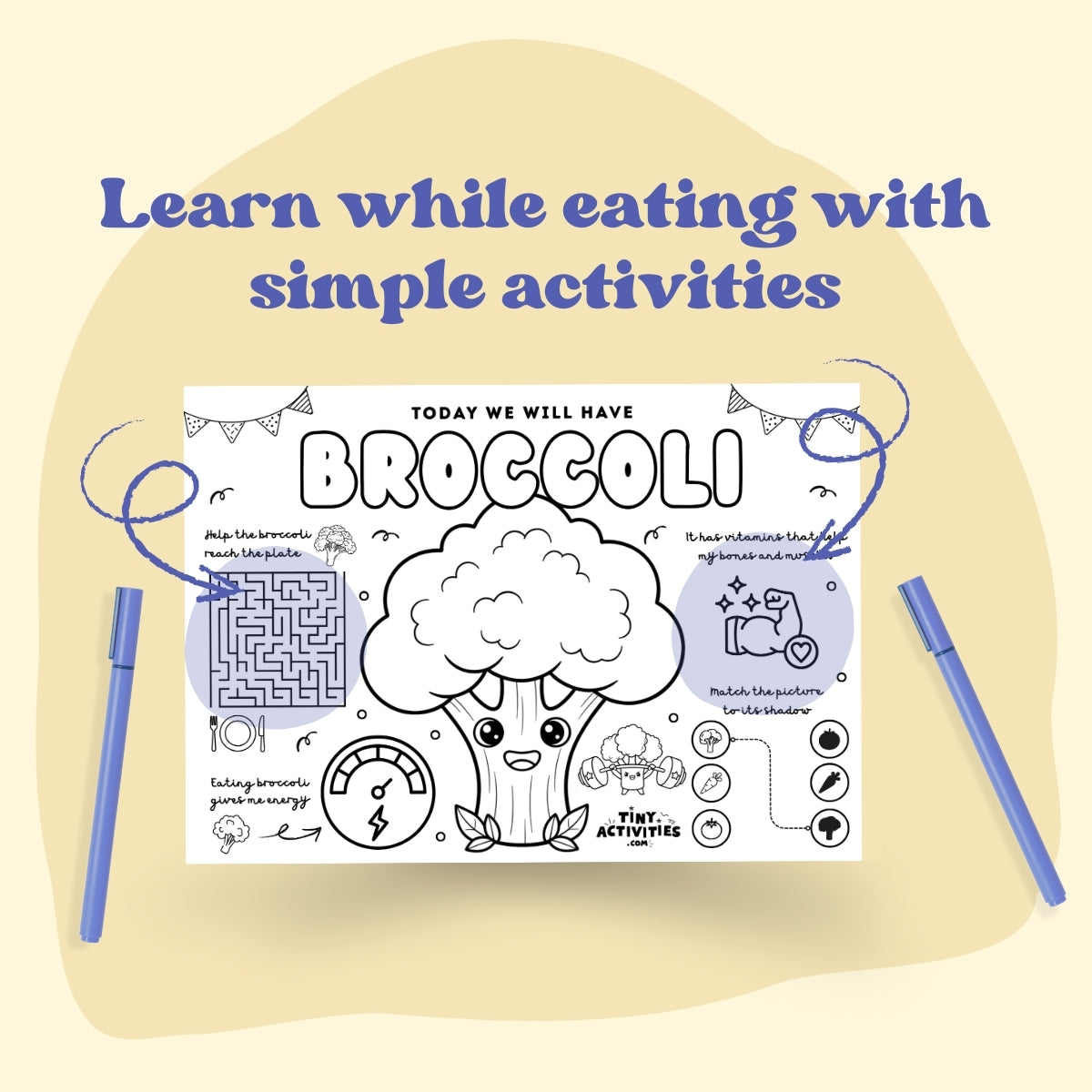 This black and white placemat mockup is designed for kids aged 5 to 7 to enjoy during mealtime while learning about broccoli I created it in a fun coloring style, so kids can color, play, and stay entertained while they eat. It includes simple games, drawing activities, and easy tips about broccoli, like why it is good for your body and how it helps you grow strong. Perfect for turning meals into a calm, playful, and educational moment.