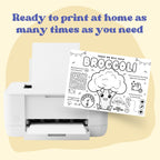 This black and white placemat mockup is designed for kids aged 5 to 7 to enjoy during mealtime while learning about broccoli I created it in a fun coloring style, so kids can color, play, and stay entertained while they eat. It includes simple games, drawing activities, and easy tips about broccoli, like why it is good for your body and how it helps you grow strong. Perfect for turning meals into a calm, playful, and educational moment.