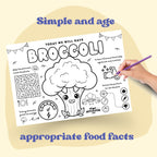 This black and white placemat mockup is designed for kids aged 5 to 7 to enjoy during mealtime while learning about broccoli I created it in a fun coloring style, so kids can color, play, and stay entertained while they eat. It includes simple games, drawing activities, and easy tips about broccoli, like why it is good for your body and how it helps you grow strong. Perfect for turning meals into a calm, playful, and educational moment.