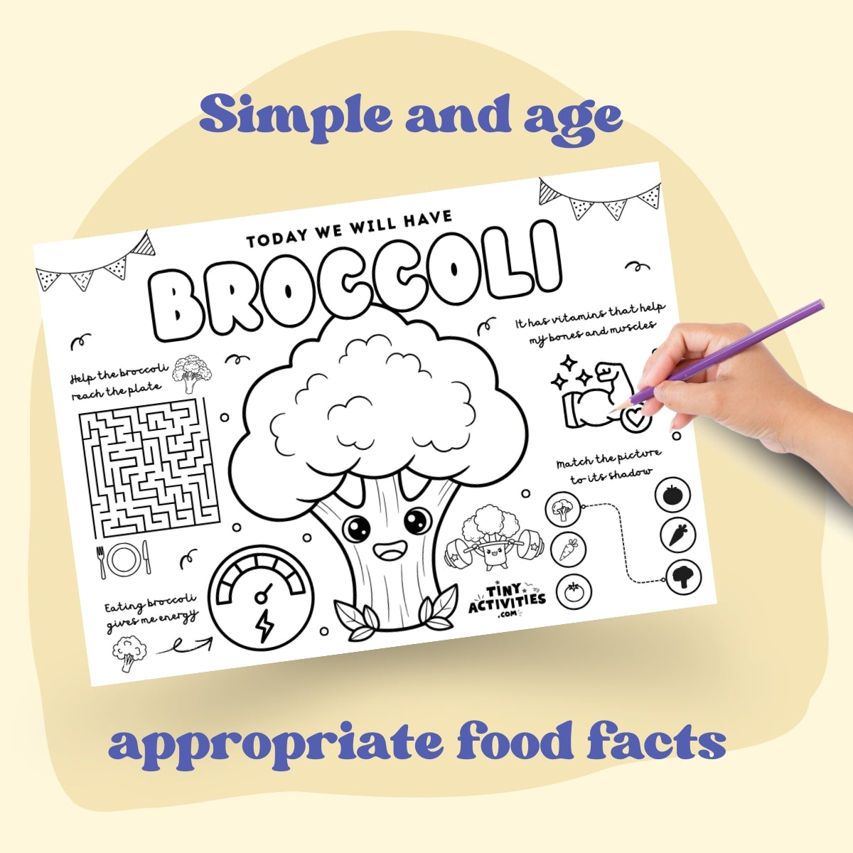 This black and white placemat mockup is designed for kids aged 5 to 7 to enjoy during mealtime while learning about broccoli I created it in a fun coloring style, so kids can color, play, and stay entertained while they eat. It includes simple games, drawing activities, and easy tips about broccoli, like why it is good for your body and how it helps you grow strong. Perfect for turning meals into a calm, playful, and educational moment.