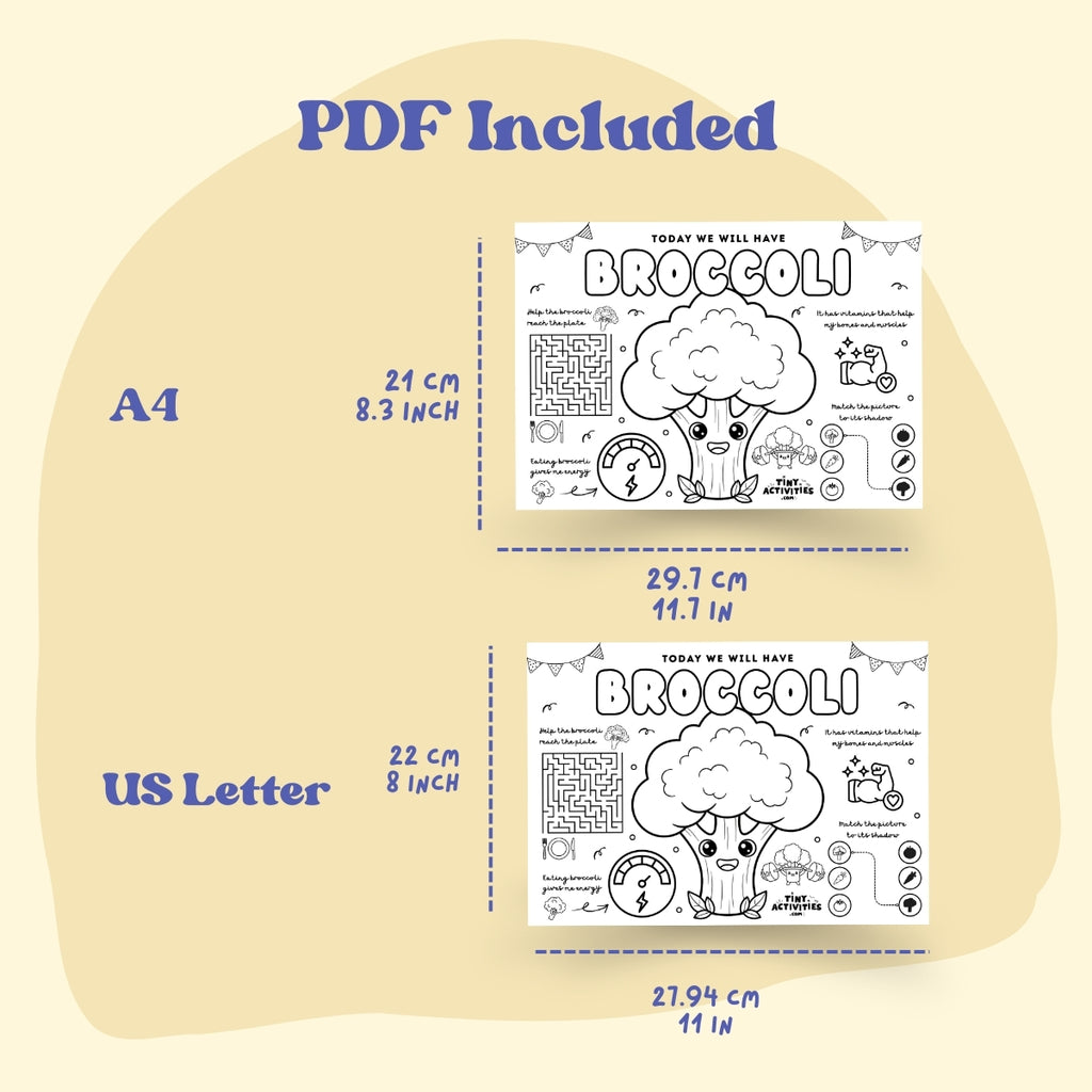 This black and white placemat mockup is designed for kids aged 5 to 7 to enjoy during mealtime while learning about broccoli I created it in a fun coloring style, so kids can color, play, and stay entertained while they eat. It includes simple games, drawing activities, and easy tips about broccoli, like why it is good for your body and how it helps you grow strong. Perfect for turning meals into a calm, playful, and educational moment.