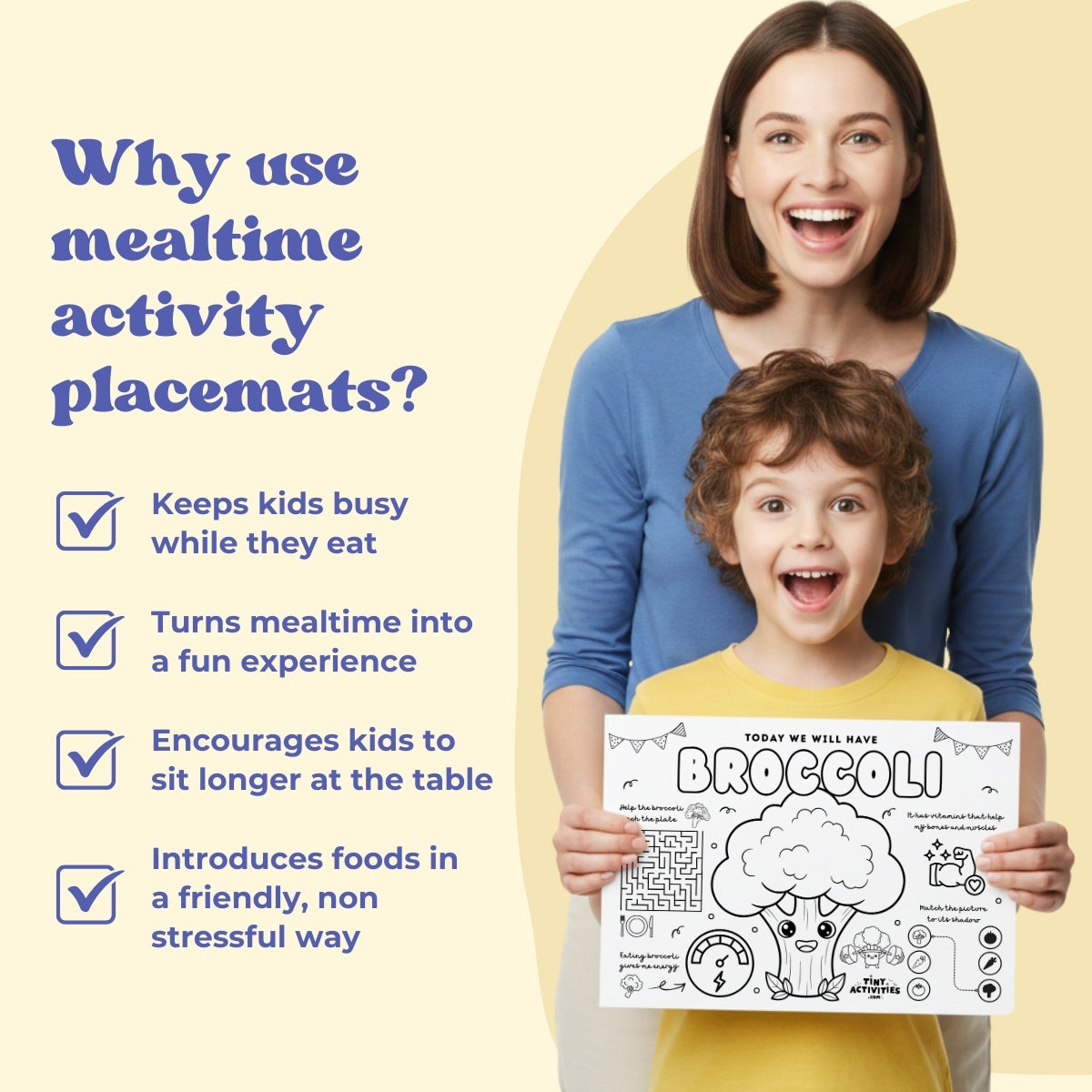 This black and white placemat mockup is designed for kids aged 5 to 7 to enjoy during mealtime while learning about broccoli I created it in a fun coloring style, so kids can color, play, and stay entertained while they eat. It includes simple games, drawing activities, and easy tips about broccoli, like why it is good for your body and how it helps you grow strong. Perfect for turning meals into a calm, playful, and educational moment.