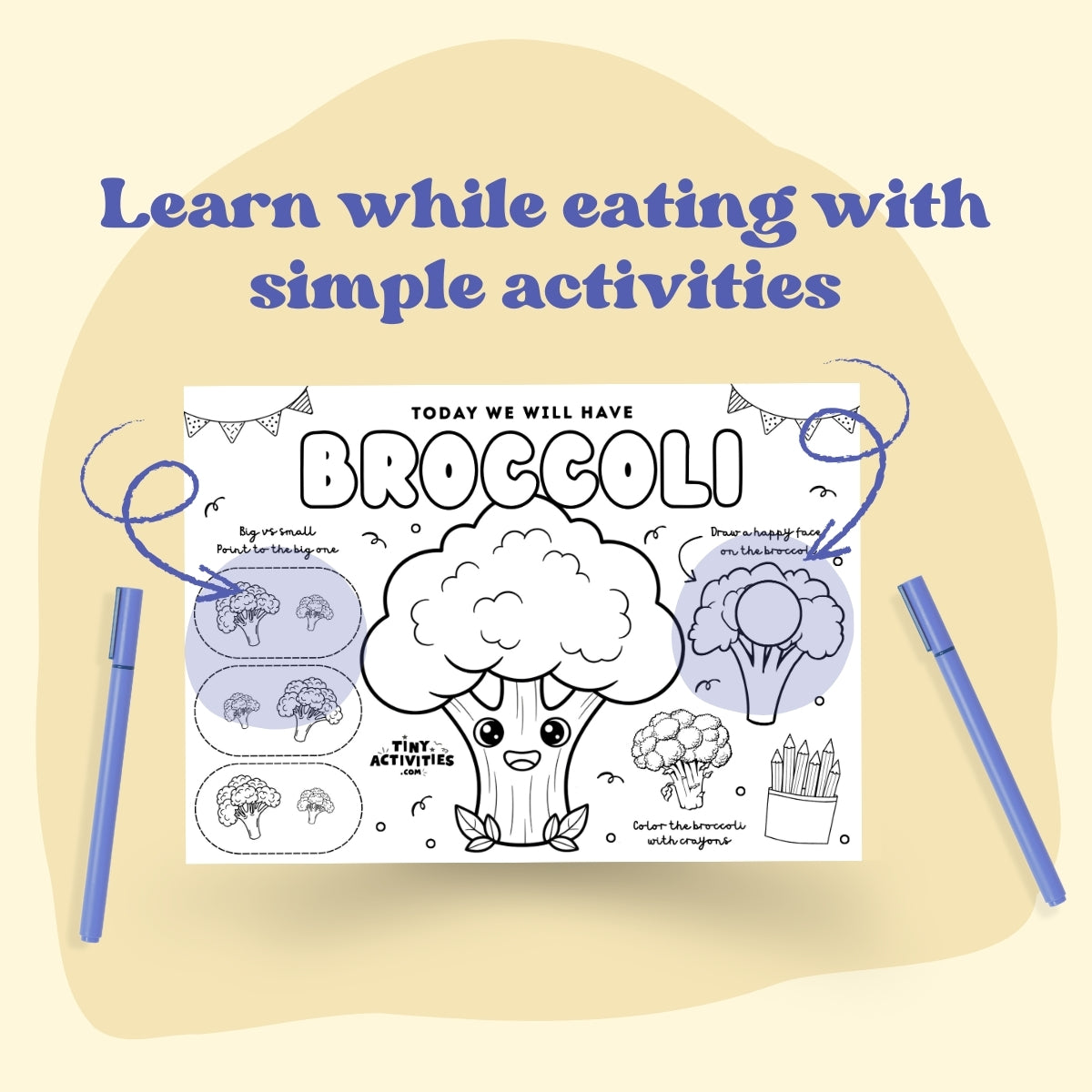 Broccoli Dinner Placemat, Instant Download Kid Activity 3 -4 Years Old