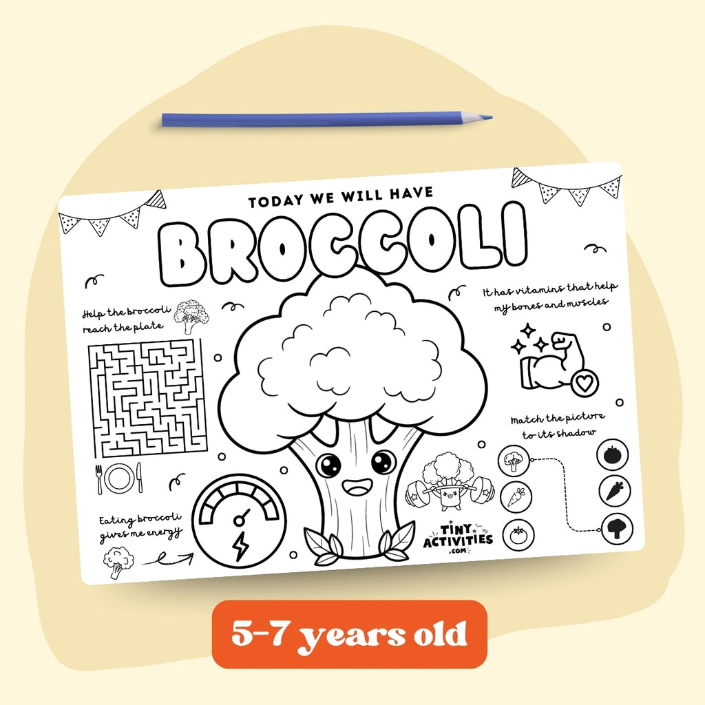 This black and white placemat mockup is designed for kids aged 5 to 7 to enjoy during mealtime while learning about broccoli I created it in a fun coloring style, so kids can color, play, and stay entertained while they eat. It includes simple games, drawing activities, and easy tips about broccoli, like why it is good for your body and how it helps you grow strong. Perfect for turning meals into a calm, playful, and educational moment.