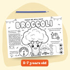This black and white placemat mockup is designed for kids aged 5 to 7 to enjoy during mealtime while learning about broccoli I created it in a fun coloring style, so kids can color, play, and stay entertained while they eat. It includes simple games, drawing activities, and easy tips about broccoli, like why it is good for your body and how it helps you grow strong. Perfect for turning meals into a calm, playful, and educational moment.