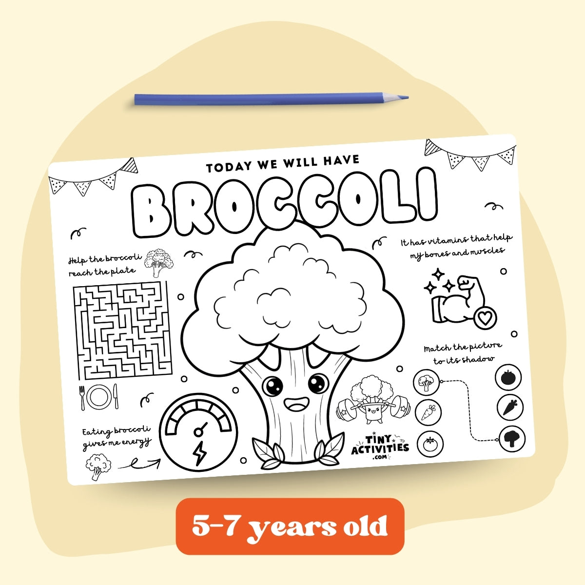 This black and white placemat mockup is designed for kids aged 5 to 7 to enjoy during mealtime while learning about broccoli I created it in a fun coloring style, so kids can color, play, and stay entertained while they eat. It includes simple games, drawing activities, and easy tips about broccoli, like why it is good for your body and how it helps you grow strong. Perfect for turning meals into a calm, playful, and educational moment.