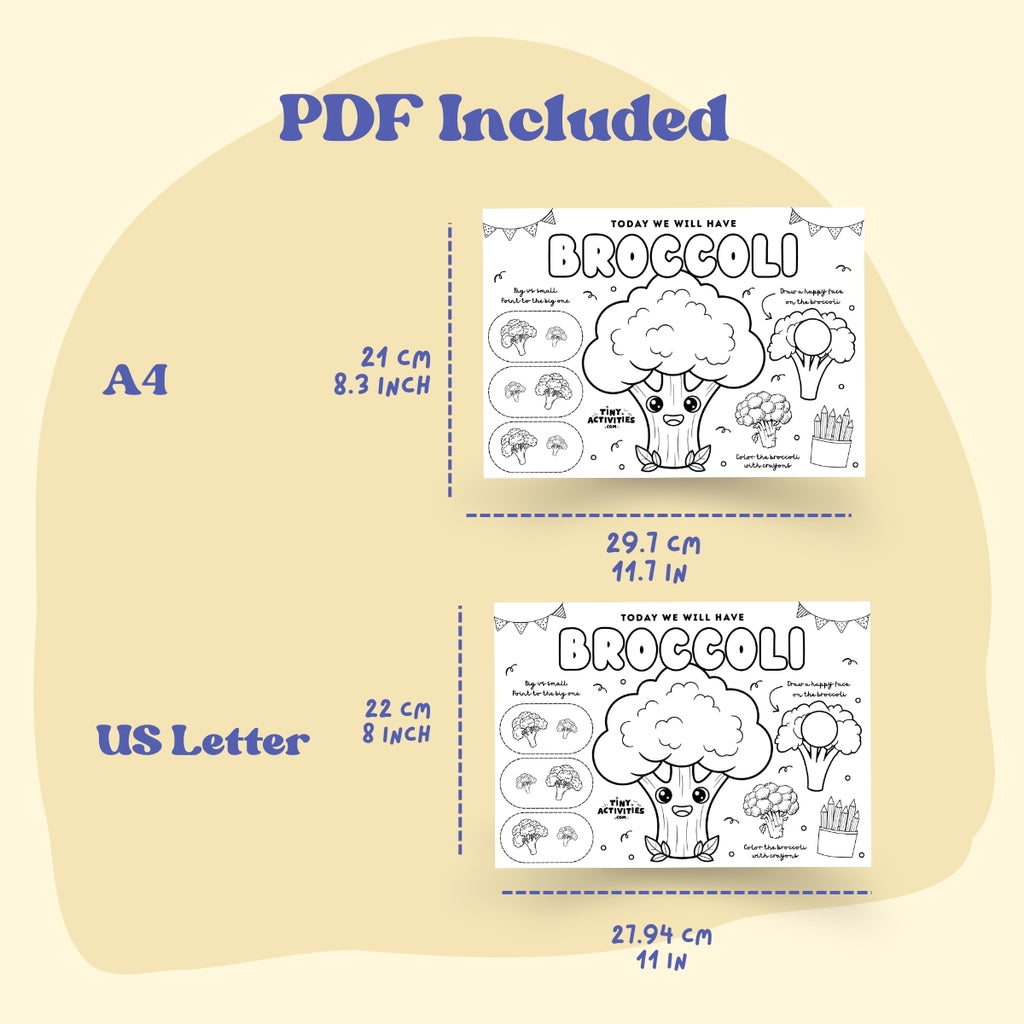 Broccoli Dinner Placemat, Instant Download Kid Activity 3 -4 Years Old