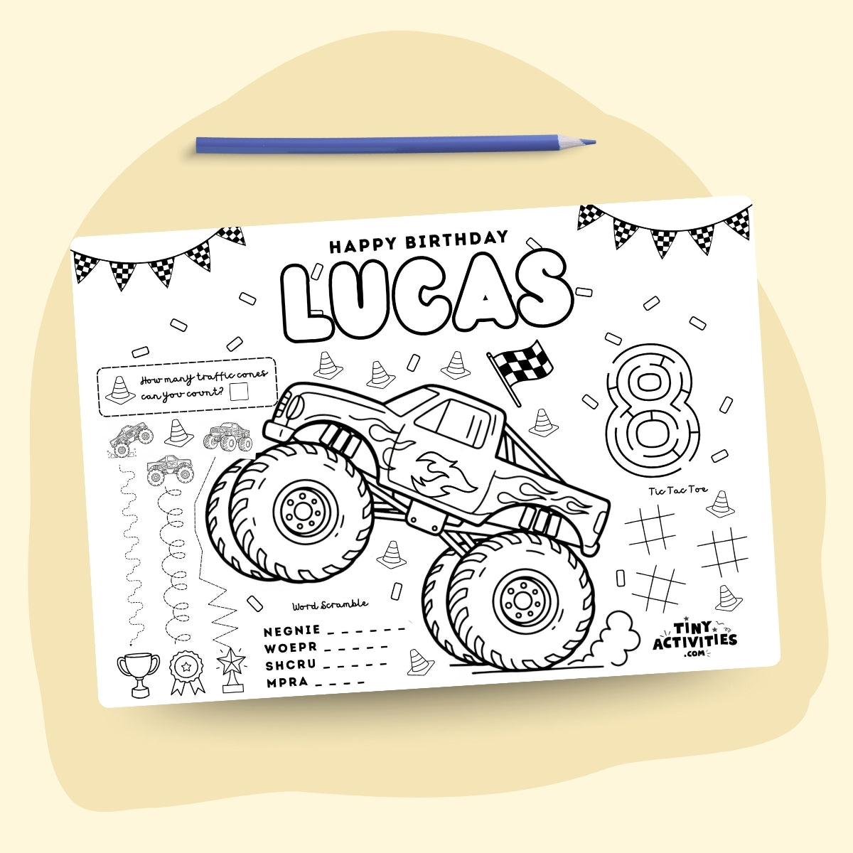 Monster Truck Activity Placemat, Personalized