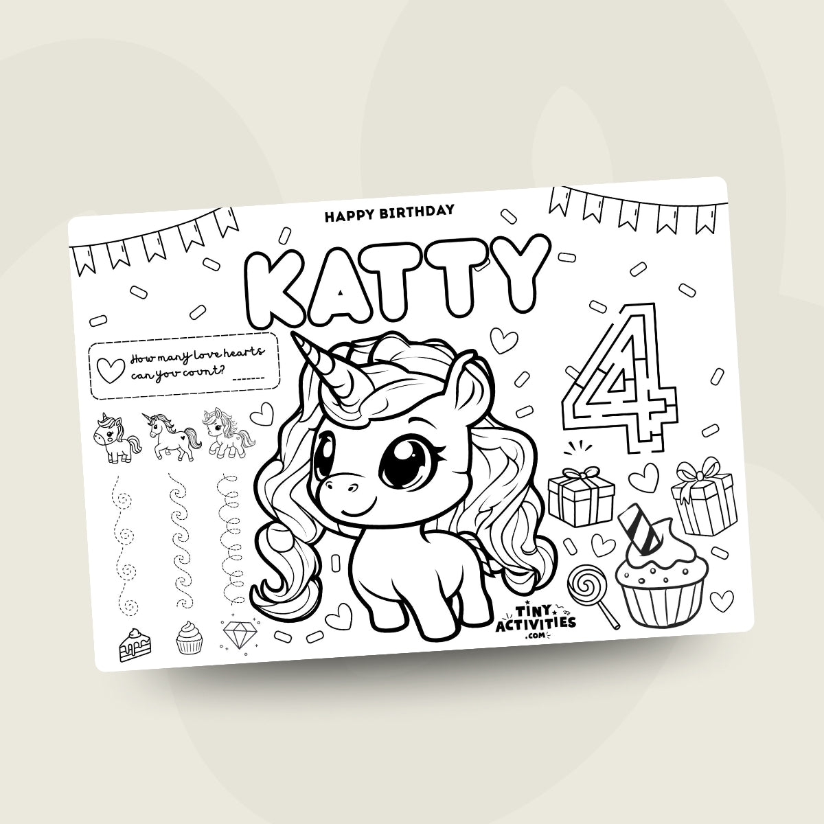 A cute unicorn coloring placemat for kids with a smiling unicorn, stars, rainbows and simple shapes to colour in. Easy to print at home and perfect for keeping little ones entertained during meals or playtime.