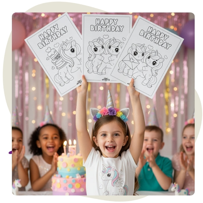 A real photo of a very happy and excited five-year-old girl dressed in unicorn-themed clothing. She is holding three A4-sized unicorn coloring pages above her head. In the background, the scene is a blurry, light-filled unicorn birthday party with hints of pink decorations and other smiling children.